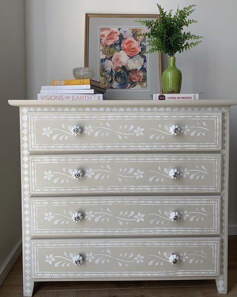 All Things Upcycled | Our first piece of 2021! ✨ SOLD ✨ A faux Floral Bone Inlay inspired chest of drawers/bedside chest! Refurbished in Jolie Paints 'Swedish… | Instagram Painted Dresser Design, Drawer Painting Ideas Aesthetic, Painted Chest Of Drawers Ideas, Drawer Ideas, Painted Chest Of Drawers, Chest Of Drawers Design, French Provincial Furniture, Charm It, Dresser Design