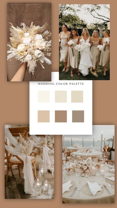 Wedding Theme Neutral, Beige Aesthetic Wedding Theme, Beige Wedding Color Schemes, Tan Wedding Theme Color Schemes, Champagne Fall Wedding Color Palettes, Neutral Tone Wedding Colour Palettes, Natural Color Wedding Theme, Natural Wedding Theme Color Palettes, Champagne And Blush Wedding Theme