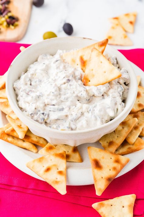 Olive Dip with Cream Cheese - Done in 5 min! - Pip and Ebby Cream Cheese Dip For Pretzels, Dip Recipes With Sour Cream, Cheese Dip For Pretzels, Dip For Pretzels, Recipes With Sour Cream, Olive Dip Recipe, Superbowl Food Appetizers, Pip And Ebby, Sour Cream Uses