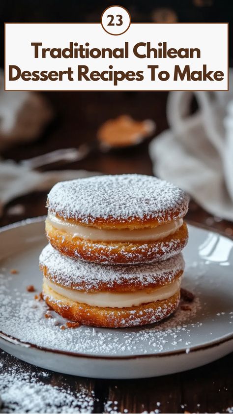 Traditional Chilean dessert recipes like alfajores and leche asada, bringing authentic sweet flavors to your table. Chilean Alfajores Recipe, Chilean Christmas Food, Chilean Food Recipes, Cultural Desserts, Chilean Desserts, Desserts From Around The World, Desserts At Home, European Desserts, Leche Asada