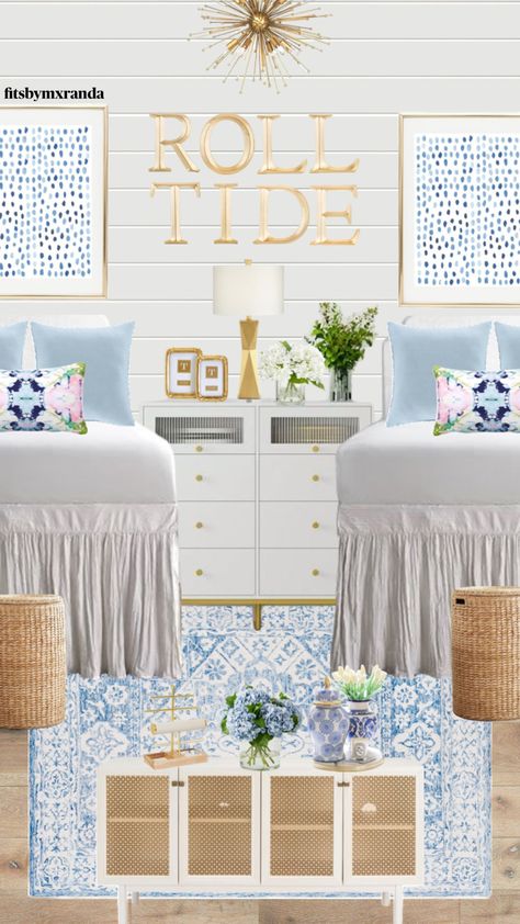 BLUE BAMA DORM INSPO #bama #bamarush #rolltide #dorm #dorminspo #dormroom #dormdecor #college Bama Dorm, Sorority House Rooms, Luxury Dorm Room, Sorority Room, Beautiful Dorm Room, Blue Dorm, Preppy Dorm Room, College Dorm Room Inspiration, Dream Dorm Room