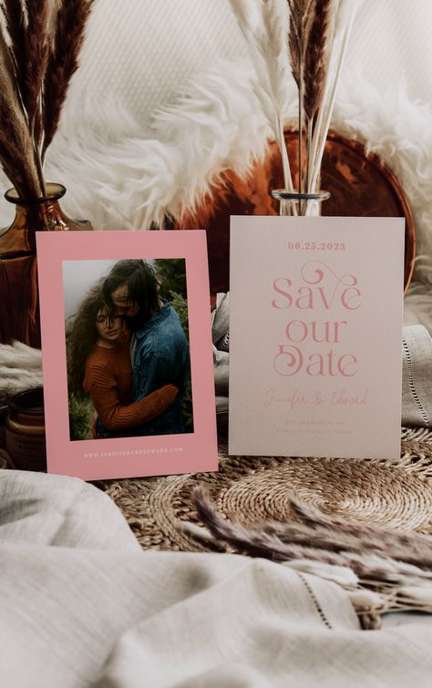 The perfect boho wedding save the date card! Features swirly font that says "save our date." The blush pink background can be changed. Boho Western Save The Dates, Save The Date Outdoor Theme, Copper Save The Date, Taylor Swift Save The Date, Save The Date Rustic Wedding, Western Save The Date Cards, October Wedding Save The Dates, Bohemian Save The Date, Terracotta Country Wedding