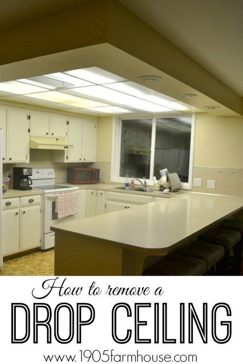 A 1980s drop ceiling is removed in a kitchen to open up the space and create a more modern farmhouse feel #diyproject #farmhousekitchen #demoday Drop Ceiling Makeover, Kitchen Lighting Remodel, Drop Down Ceiling, Kitchen Soffit, Ceiling Remodel, Kitchen Ceiling Design, Lighting Makeover, Drop Ceiling Lighting, Drop Ceiling