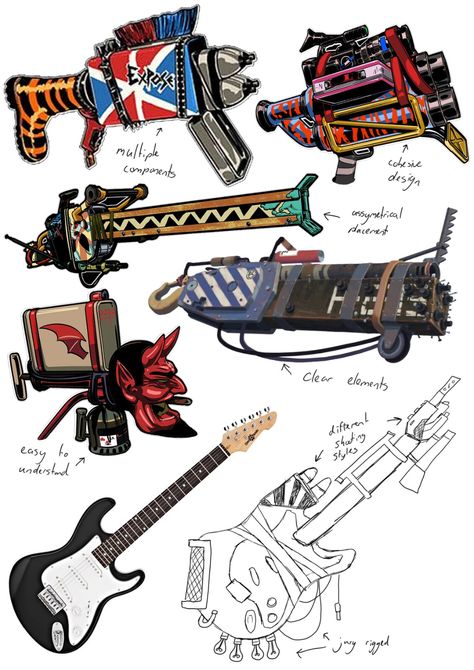 Weaponized Guitar, Guitar Concept Art, Gadget Design, Arte Robot, Guitar Art, Concept Art Drawing, Game Character Design, Fantasy Concept Art, Prop Design