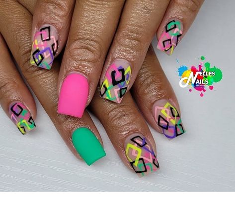 Bright Nail Designs, Crazy Nail Designs, Cute Nail Colors, Colors Nails, Nails Colorful, Abstract Nail, 2023 Nails, Purple Acrylic Nails, Retro Nails