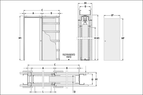 Dwg drawings for hinged and sliding pocket doors - ECLISSE World Door Detail Drawing, Flush Hinges, Automatic Sliding Doors, Sliding Cabinet Doors, Detail Drawing, Internal Sliding Doors, Door Plan, Sliding Pocket Doors, Double Sliding Doors