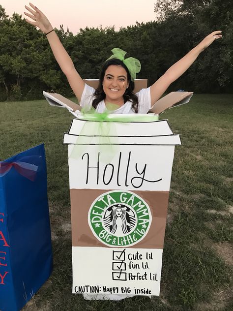 Big little Starbucks reveal theme #biglittlestarbucks #biglittlereveal #biglittleboxreveal Big Sister Reveal, Big Little Reveal Themes, Cheer Box, Rush Themes, Big Little Basket, Sorority Tees, Sorority Events, Big Lil, Drill Team