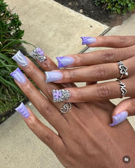 Nail Designs Baddie, Exotic Birthday Nails, Design French Tip Nails, Duck Nail Designs, Nails For Back To School, Baddie Birthday Nails, Stiletto Nails Design, Baddie Birthday, Purple And Pink Nails