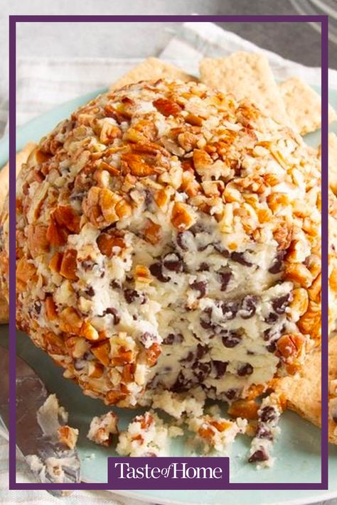 Your guests are in for a sweet surprise when they try this chocolate chip cheese ball—it tastes just like cookie dough! Rolled in chopped pecans, this chip-studded spread is wonderful on regular or chocolate graham crackers. I especially like it because it can be assembled in a wink. —Kelly Glascock, Syracuse, Missouri #chocolatechip #desserts #cheeseball Reese’s Dessert Cheese Ball, Chocolate Chip Cheeseball Dip, Christmas Dessert Cheeseball, Chocolate Chip Cheeseball, Chocolate Chip Cheese Ball, Cheese Ball Dip, Dessert Cheese Ball, Cheese Spreads, Awesome Desserts