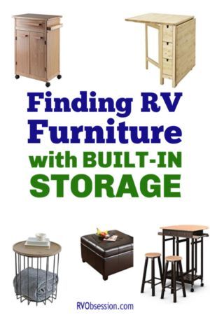 A Pinterest pin with the title 'Finding RV Furniture with Built-In Storage' and pictures of furniture that can be used in an RV. Rv Living Organization, Dining Table With Drawers, Rv Storage Solutions, Pub Dining Set, Portable Kitchen Island, Rv Furniture, Furniture With Storage, Square Storage Ottoman, Dining Table With Storage