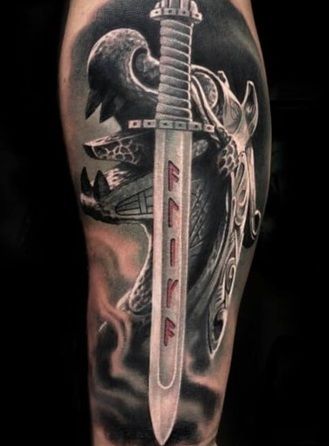 Sword Viking Tattoo Design Viking Arm Tattoo For Men, Berserker Tattoo Vikings, Viking Tattoo Ideas For Men, Viking Tattoos Ideas, Viking Ship Tattoo, Berserker Tattoo, Yggdrasil Tattoo, Viking Compass Tattoo, Tattoos Ideas For Men