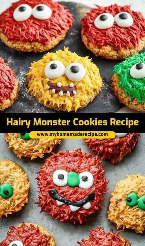 This hairy monster cookies recipe is the best cookie recipe for Halloween fun. Colorful, spooky, and delicious, they’re the ultimate monster cookies for kids and parties Cookie Delight, Witch Finger Cookies, Monster Cookies Recipe, Finger Cookies, Candy Eyes, Fun Halloween Treats, Monster Cookie, Ultimate Cookies, Frosting Tips