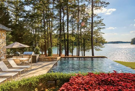 Defining Home Creates Deluxe Lake House - Southern Home Magazine Spanish Tile Floors, Lake Backyard, Dark Woodwork, Southern Home Magazine, Spanish Floor Tile, Architecture Journal, 1970s House, Ledge Lounger, Metal Sink