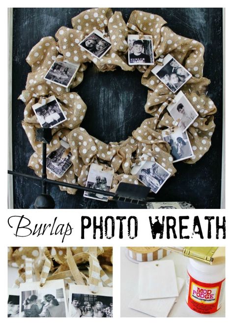 Burlap Photo Wreath Picture Wreath Diy Family Photos, Memory Wreath Ideas, Photo Wreath Diy, Picture Wreath, Photo Wreath, Hannah Smith, Thistlewood Farms, Burlap Projects, Burlap Decor