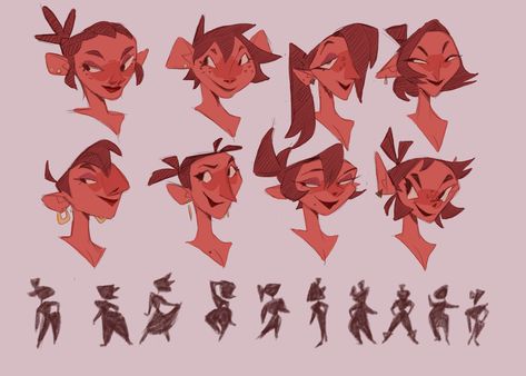 Some concepts for a character design I'm doing for a class. She's a fiery bard who likes to cause mischief and go on adventures. My teacher told me to push the shape language so I focused on putting a lot of triangles in her design. : ArtCrit Character Shape Design, Shape Language Character Design, Character Design Process, Character Design Portfolio, Character Shapes, Shape Language, Character Design Tips, Animation Character, Character Model Sheet