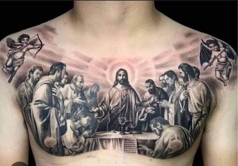 Last Supper Chest Tattoo, Angel Chest Tattoo Men, The Last Supper Tattoo, Tattoo Peito, Christus Tattoo, Chest Tattoo Drawings, Arm Tattoos For Guys Forearm, Full Chest Tattoos, Leg Sleeve Tattoos