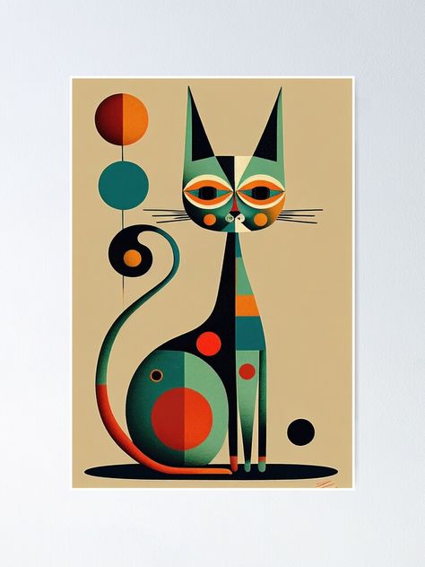 Modern Cat Art, Pop Art Cat, Cats Art Drawing, Retro Art Prints, Mid Century Cat, Abstract Animal Art, Geometric Cat, African Wall Art, Shrink Art