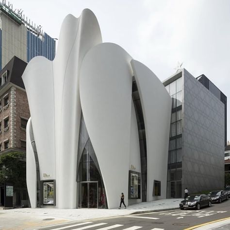 Architecture & art on Instagram: “The Dior store in #Seoul, figuratively reminiscent of flower petals, conveys the refinement and personality of the Dior fashion house and…” Dior Seoul, Christian De Portzamparc, Dior Store, Architecture Cool, House Of Dior, Dior Shop, Dior Boutique, White Building, Organic Architecture