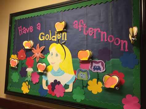 Alice in Wonderland bulletin board/ have a golden afternoon scene Alice In Wonderland Bulletin Board, Book Bulletin Board, Golden Afternoon, Prek Classroom, Bulletin Board Ideas, Classroom Bulletin Boards, Classroom Setup, Board Ideas, Educational Activities