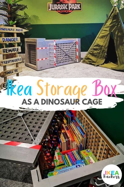 This IKEA storage box is perfect as dinosaur cage! Want to DIY home decor your kids room? Try this simple and fun ikea hack fro kids. Turn your ikea storage box into a dinosaur cage! This ikea hack is so fun and creative your kids will love it! Dinosaur Themed Room, Dinosaur Storage, Ikea Storage Boxes, Easy Diy Home Projects, Wood Primer, Ikea Finds, Ikea Ideas, Toy Storage Solutions, Largest Dinosaur