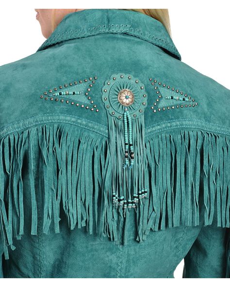 Genuine boar suede leather jacket by Scully. Studded, beaded, & fringed accenting medallions. Dramatic genuine leather fringe on yokes & sleeves Leather Fringe Coats & Jackets, Cowgirl Jackets Western Wear, Western Style Jacket, Rodeo Queen Outfits, Fringe Jacket Outfit, Western Jean Jacket, Cowgirl Jacket, Western Jackets, Western Chic Fashion