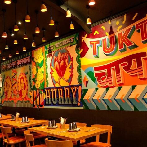 Indian Street Food Restaurant Design, Indian Dhaba Design, Street Food Branding Design, Punjabi Restaurant Interior, Indian Cafe Interior Design, Indian Restaurant Decor, Street Food Restaurant Design, Indian Street Art, Indian Restaurant Interior Design