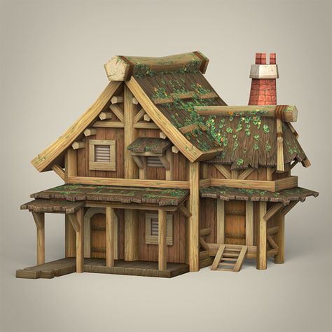 Game Ready Wooden House. 3D model of a building. #architecture #building #exterior #fantasy #game #historic #home #house #low #lowpoly #material #medieval #poly #roof #structure #sweet #texture #wood #wooden Wooden House Design, Wooden Architecture, Wooden Buildings, Medieval Houses, 3d Architecture, Fantasy Homes, Fantasy House, Fairy Garden Diy, Wooden House