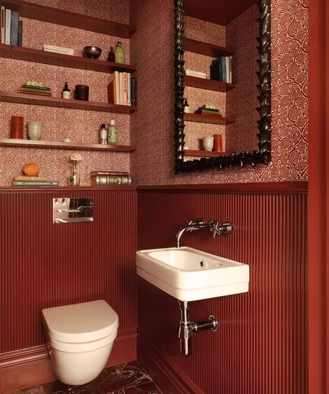 Rusty Red Bathroom, Orange Small Bathroom, Wallpaper Guest Toilet, Funky Guest Bathroom Ideas, Red Toilet Design, Wallpaper And Panelling Bathroom, Red Ceiling Bathroom, Small Red Bathroom, Eclectic Guest Bathroom