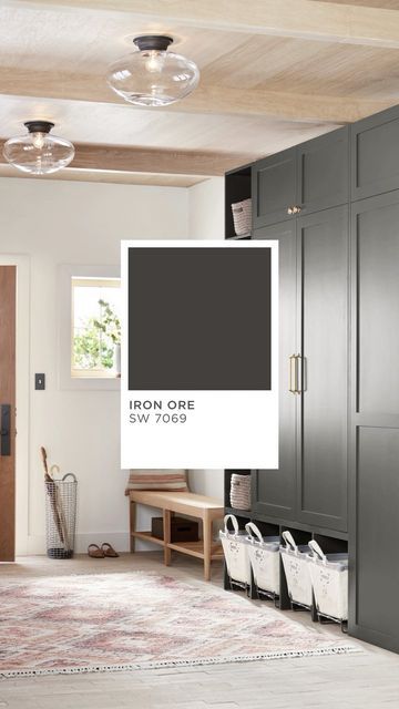 Sw Iron Ore Wainscoting, Sw 7069 Iron Ore, Iron Ore With Stained Wood, Rec Room Paint Colors, Sw Iron Ore Accent Wall, Iron Ore Interior Doors, Iron Ore Complimentary Colors, Iron Ore Trim, Painted Garage