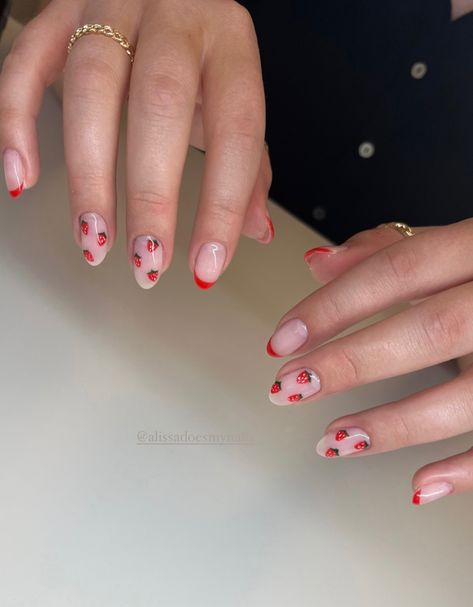 Strawberry nail inspo #strawberrynails #frenchtipenails @alissadoesmynails Red Nails With Strawberry Design, Strawberry Nails Square, Strawberry Nails Simple, Simple Strawberry Nails, Strawberry French Tip Nails, Short Strawberry Nails, Nails With Strawberries, Summer Nails Strawberry, Strawberry Nails Short