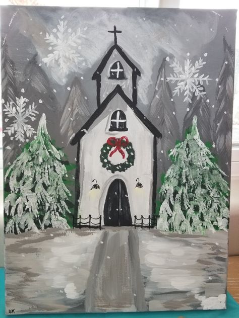 Winter church, acrylic painting Social Easel, Paint Studio, Paintings Tutorials, Christmas Paintings On Canvas, Acrylic Painting Lessons, Christmas Centerpieces Diy, Country Church, Canvas Easy, Christmas Canvas