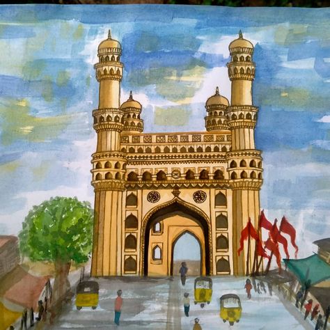 Charminar an icon of Hyderabad... The Charminar, constructed in 1591, is a monument and mosque located in Hyderabad, Telangana, India. The landmark has become known globally as a symbol of Hyderabad and is listed among the most recognized structures in India. Charminar Drawing Sketch, Indian Heritage Paintings Easy, Indian Historical Monuments Drawing, Hyderabad Drawing, Charminar Painting, Historical Monuments Drawing, Charminar Sketch, Charminar Drawing, Dog Face Drawing