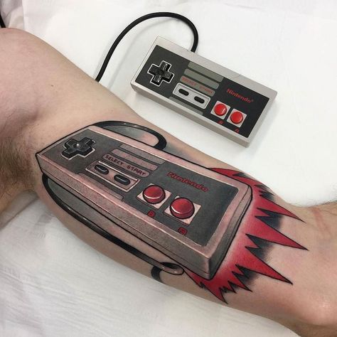 Nintendo Controller Tattoo, Controller Tattoo, Japanese Demon Tattoo, Game Tattoo, Video Game Tattoos, Mario Tattoo, Nes Controller, Nintendo Controller, Gaming Tattoo