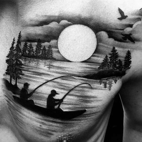 40 Lake Tattoo Designs For Men - Nature Ink Ideas Worth Tattoo, Fishing Memorial, Wilderness Tattoo, Outdoor Tattoo, Lake Tattoo, Boat Tattoo, Scene Tattoo, House Tattoo, Lake Design