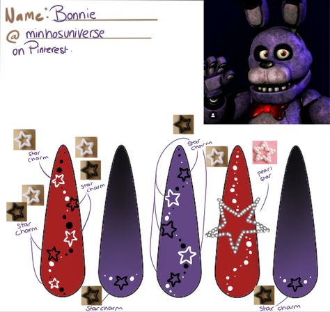 Five Nights At Freddy's Nails, Fnaf Nails Ideas, Fnaf Nails, Nails Board, Character Nails, Bonnie Fnaf, Mani Ideas, Fnaf Cosplay, Inspired Nails