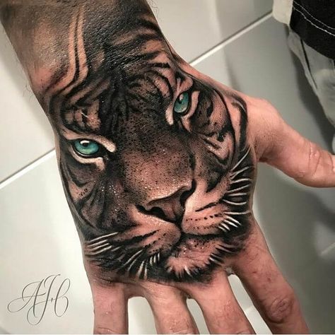 Face Hand Tattoo, Tiger Hand Tattoo, Lion Hand Tattoo, Hand Tattoo Images, Tiger Face Tattoo, Tiger Tattoo Sleeve, Tattoo Tiger, Tiger Tattoo Design, Neck Tattoo For Guys