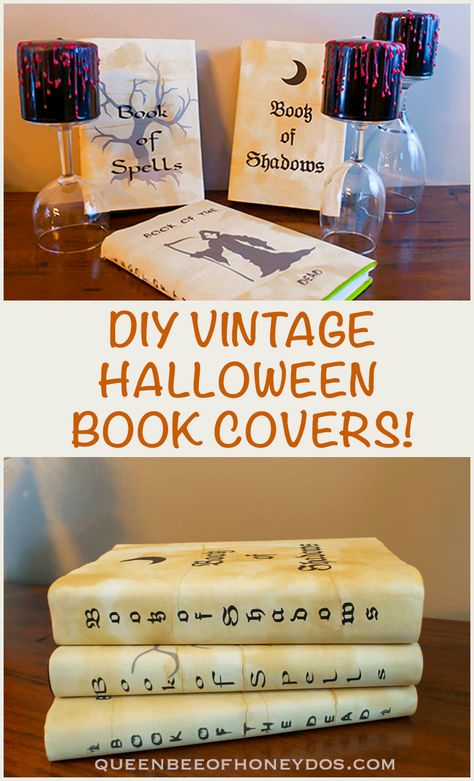 How to make these super easy vintage book covers! Create Halloween themed spooky books for your holiday decor! Also works great for wanted posters, treasure maps, and vintage themed parties. Printable available! #Halloween #decor #crafts #DIY Halloween Book Covers, Diy Vintage Halloween, Halloween Clipart Free, Spooky Books, Haunted Hayride, Easy Decor, Halloween Potions, Easy Halloween Decorations, Vintage Book Covers