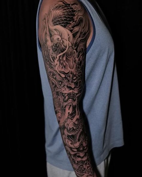 Japanese Snake Sleeve, Dragon Sleeve Tattoos Men, Dragon Half Sleeve Tattoo, Tattoo Sleeve Dragon, Dragon Tattoo Full Sleeve, Japanese Half Sleeve Tattoo, Dragon Tattoo Sleeve, Behind Ear Tattoo Small, Drake Tattoos