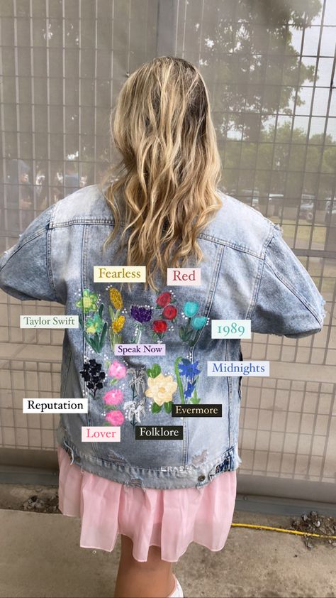 Eras Tour Painted Jean Jacket, Taylor Swift Eras Jean Jacket Diy, 1989 Taylor Swift Colors, Taylor Swift Albums As Flowers, Jeans Jacket Painting Ideas Aesthetic, Painted Denim Jacket Taylor Swift, Eras Tour Painted Jacket, Taylor Swift Denim Jacket Outfit, Denim Jacket Painting Ideas Aesthetic