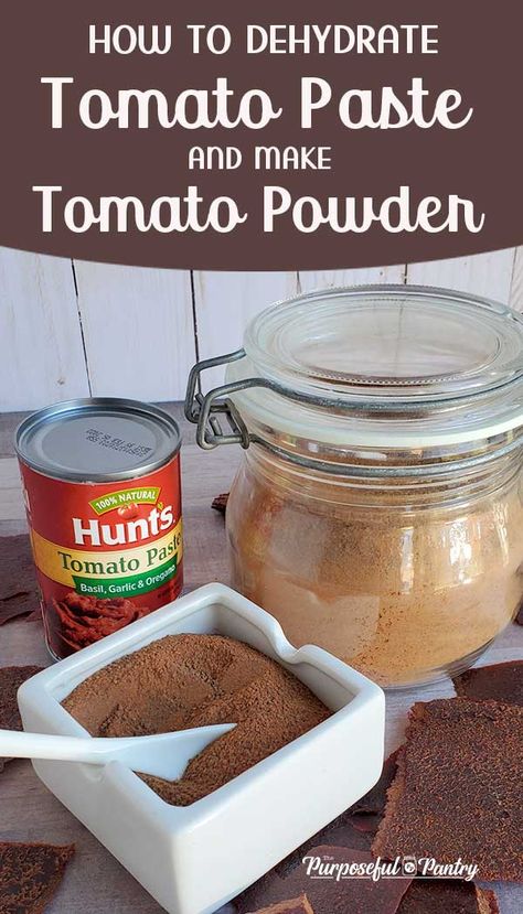 Dehydrate tomato paste and make extra space in your pantry! Make it into fruit leathers or powder, and use it all year long - using much less space! #tomatopowder #foodstorage #dehydratingtip Diy Dehydrated Spices, Fruit Powder Uses, Dehydrated Coconut, Dehydrating Tomatoes, Dehydrated Recipes, Fruit Leathers, Dehydrating Recipes, Fruit Powders, How To Store Tomatoes