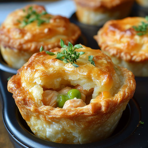 Easy Mini Chicken Pot Pies are the perfect blend of convenience and comfort, offering all the savory goodness of a classic pot pie but in a fun, individual serving. These miniature versions of the popular dish are a hit with both kids and adults, making them ideal for busy weeknight dinners, casual get-togethers, or even meal prep. What makes them even better? You only need four simple ingredients, and they come together in about 30 minutes. Chicken Pot Pie Appetizers, Chicken Pot Pie Individual Easy, Mini Pot Pies With Biscuits, Pot Pie Bites, What To Serve With Chicken Pot Pie, Mini Chicken Pot Pies With Biscuits, Individual Chicken Pot Pie Recipe Easy, Individual Pot Pies, Individual Pot Pies With Puff Pastry