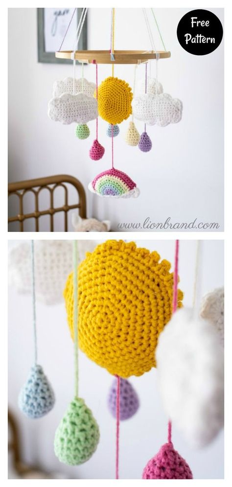 Rainbow Mobile Free Crochet Pattern Amigurumi Projects, Crochet Baby Mobiles, Crochet Patterns Ideas, Rainbow Mobile, Granny Pattern, Knitting Crafts, Crochet Garland, Crochet Mobile, Crochet Nursery