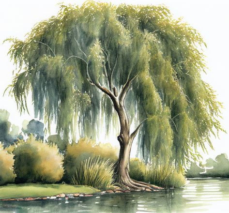 Lakeside Weeping Willow watercolor painting Willow Tree Fantasy Art, Watercolor Weeping Willow, Weeping Willow Illustration, Willow Tree Watercolor Painting, Weeping Willow Art, Willow Tree Painting Easy, Weeping Willow Drawing, Weeping Willow Tree Drawing, Willow Tree Sketch