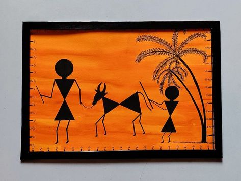 Traditional warli painting frame. Tribal art of India, mural of life. Wall Drawing Ideas, Bird Pencil Drawing, Worli Painting, Warli Painting, Ganesh Art Paintings, Warli Art, Art Painting Tools, Painting Frame, Disney Art Drawings