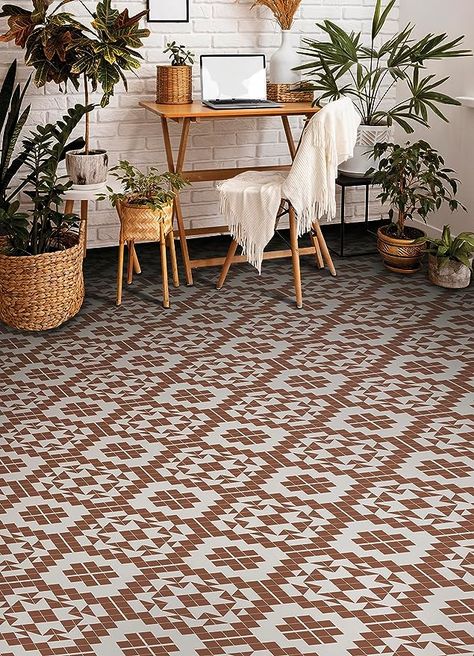 #bohovibes #terracotta #amazon Outdoor Peel And Stick Tile, Terracotta Peel And Stick Tile, Vinyl Tile Flooring Peel And Stick, Peel And Stick Floor Tile Bathroom, Peel And Stick Kitchen Floor, Peel And Stick Tile Floor, Peel Stick Floor Tile, Wood Deck Patio, Peel And Stick Flooring