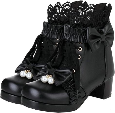 Link in pin. Black Women Platform Boots Lace Up Chunky Heel Ankle Boots with Bow Cosplay Winter Shoes. Kitten Heel Ankle Boots, Cute Ankle Boots, Ankle Cowboy Boots, Gothic Boots, Gothic Shoes, Chunky Heel Ankle Boots, Kawaii Shoes, Comfort Shoes Women, Black Platform Boots