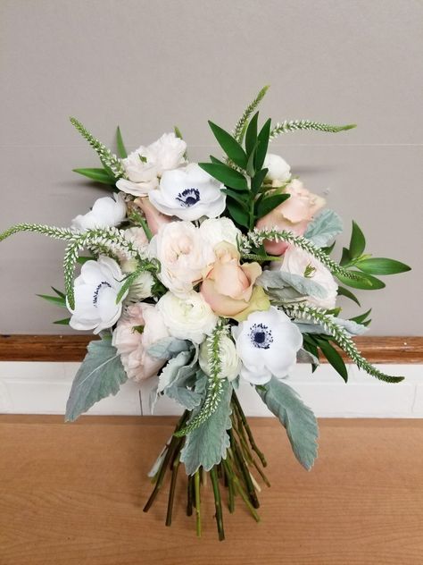 Fresh floral bridal bouquet for navy blue, blush pink and gold wedding.  Bouquet has anemones, David Austin blush garden roses, Tutu pink roses  veronica white accents, white ranunculus and Nagi & Dusty Miller greenes. Blue Green White Pink Wedding Flowers, Veronica White, Tutu Pink, White And Pink Roses, Bridal Bouquet Pink, White Ranunculus, Wedding Bouquets Pink, Green Things, Rose Wedding Bouquet