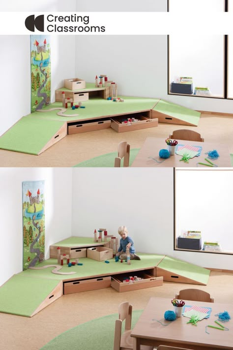 #nursery #nursery ideas #nursery decor #preschool #preschool activities #design #interior #interior design #architecture #play area #children #kids #kids room design #room #room ideas #room decor #sustainable #sustainable home #eco friendly #eco systems projects #wood #wooden #project #projects for kids #design #toddler play #indoor play #play spaces #outdoor design #design project #indoor area for kids #toodler indoor area #dream spaces for kids #indoor play #wooden blocks #wooden platform Sensory Friendly Classroom, Preschool Storage, Montessori Play Room, Montessori Infant Room, Daycare Furniture, Preschool Furniture, Indoor Playroom, Nursery Preschool, Infant Classroom