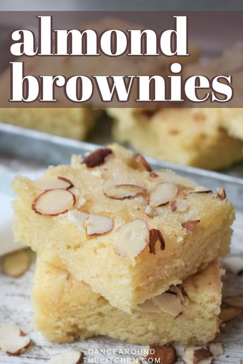 These Almond Brownies are soft, buttery and oh so delicious! Made in just one bowl, these are quick to make and are perfect for an after school snack, bake sale, or easy dessert!  #Almond #Brownies #SlicedAlmonds Almond Brownies, Almond Torte, Almond Paste Recipes, Dance Around The Kitchen, Almond Desserts, Almond Bars, Almond Cookies, Coconut Lime, Quick Desserts