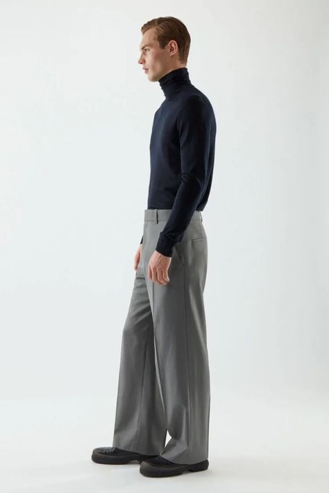 Best Mens Pants, Wide Leg Suit Pants, Korean Mens Fashion, Rave Style, Leather Pant, Grey Trousers, Minimal Outfit, Wool Trousers, Fitted Trousers